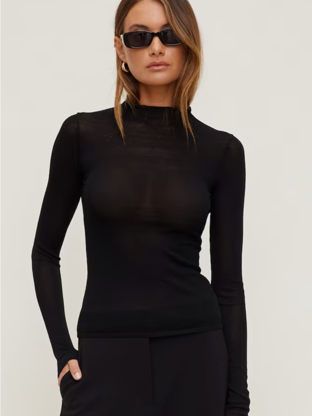 Zara Black Semi-Sheer Long Sleeve Mock Neck Top